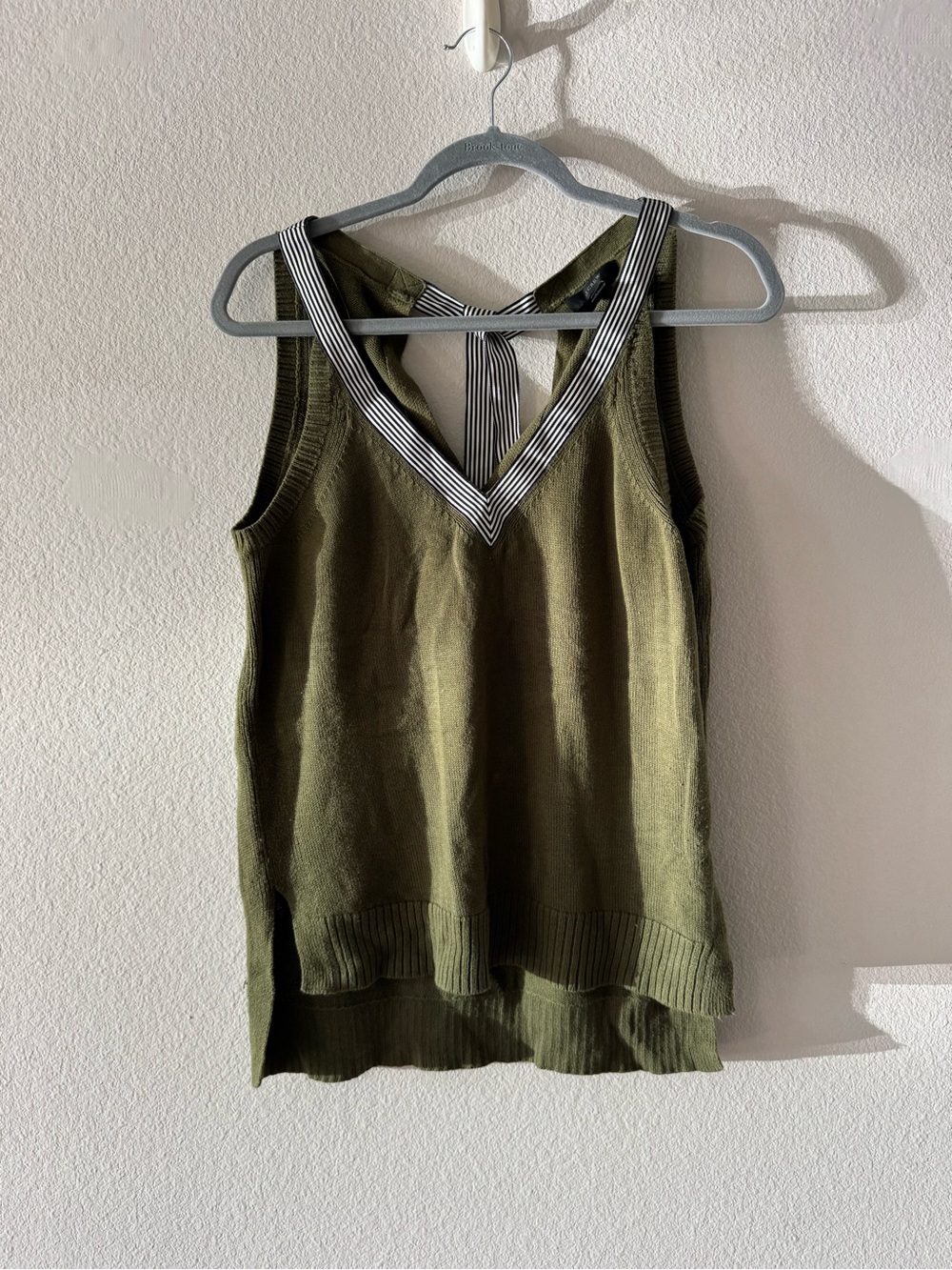 J. Crew Olive Knit V-Neck Tank with Striped Back Strap